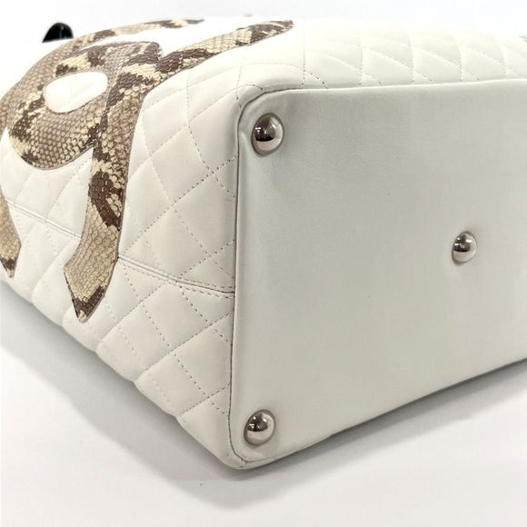 Chanel Tote Bag Cambon Line Medium Lambskin Python Leather Logo White - Picture 4 of 9